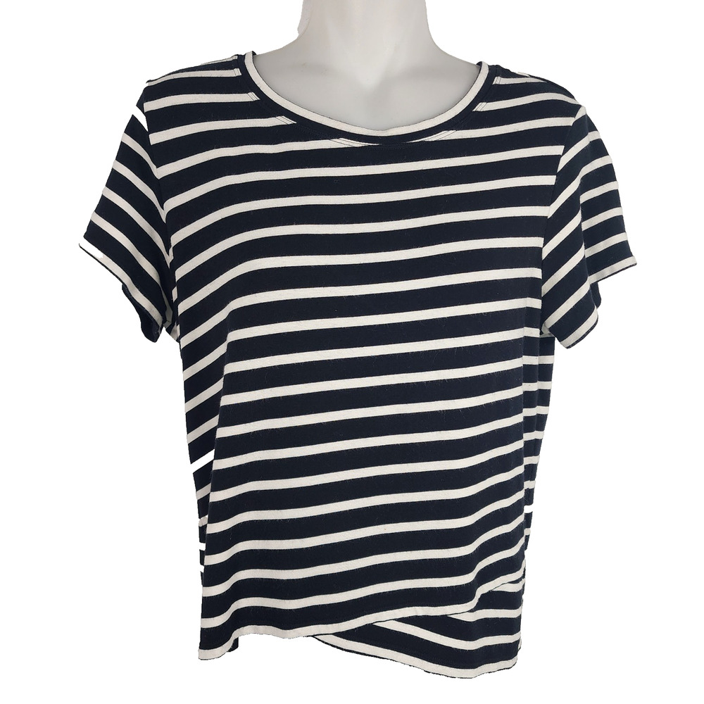 Cabi Gracie Striped Crop Top Medium Black White Tee Short Sleeve Cross Hem 5059